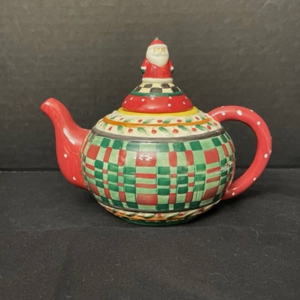 Debbie Mumm Sakura Christmas Mini Teapot Santa Lid Holly Plaid Holiday Seasonal